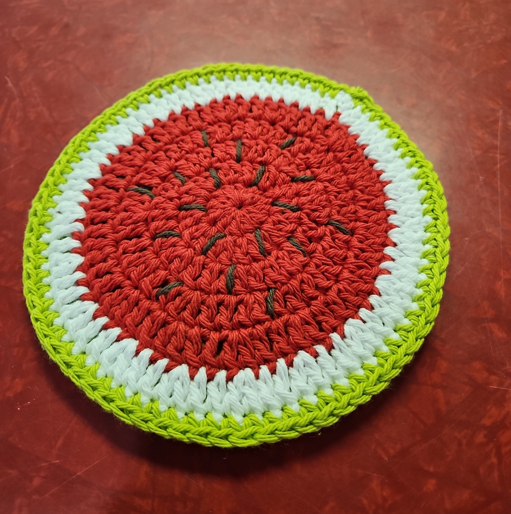 Handmade Red, White & Lime Crochet Kitchen Trivet 7 1/2" Watermelon Hot Pad